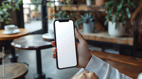 Business man hand holding white blank mobile phone in office