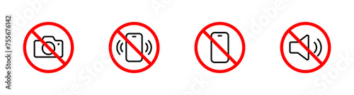 No record, mute, camera, vector icons. No phone, photo, or sound recording forbidden vector icons