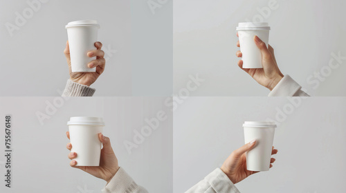 Woman holds white disposable glass of coffee in her hand on white background. Collage. Copy space. 