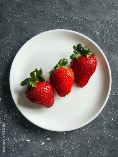 Fresh strawberries sit on a whit plate  on kitchen surface 