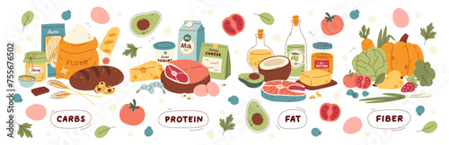 Natural organic healthy food groups containing fiber, fat, protein, crabs vector illustration