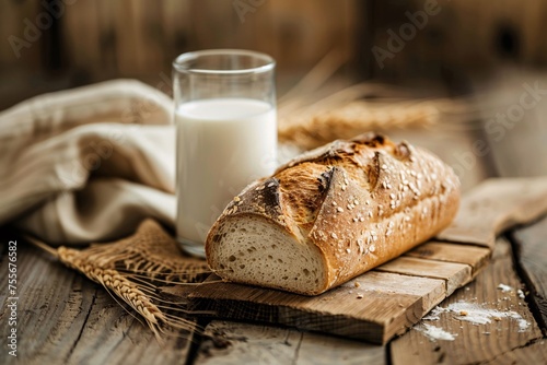 a loaf of bread and a glass of milk