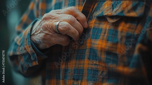 A close-up of a hand struggling to button a shirt, illustrating the daily challenges faced by those with Parkinson's disease for World Parkinson's Day