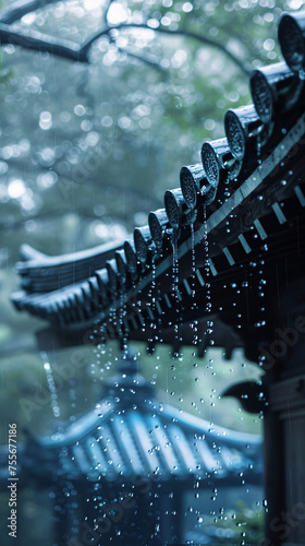Twenty-four solar terms rain solar terms background, close-up illustration of raindrops on the eaves of ancient Chinese style buildings