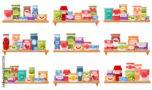 Canned food on shelf  preserved meal in glass  plastic and metal container isolated set on white