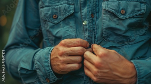A close-up of a hand struggling to button a shirt, illustrating the daily challenges faced by those with Parkinson's disease for World Parkinson's Day photo