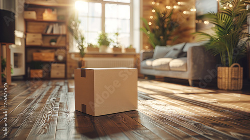 Home delivery concept. A Package box stands on the floor of living room. Delivery service, logistics, online order © Dina Photo Stories