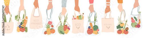 Human hand holding eco bags for grocery products, zero waste packet for food vector illustration © Mykola Syvak