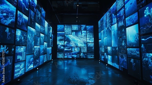 A large screen displaying various blue images.