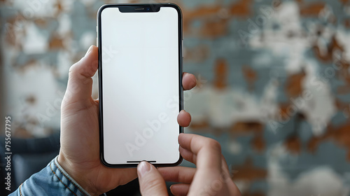 Business man hand holding white blank mobile phone in office