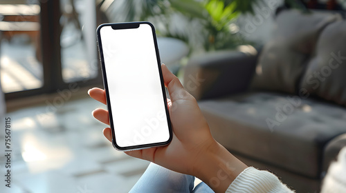 Business man hand holding white blank mobile phone in office