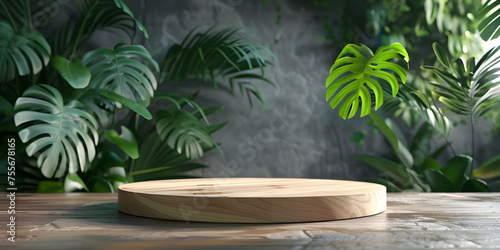 3d render of minimal display podium with tropical leaves and plants background - Ai Generated