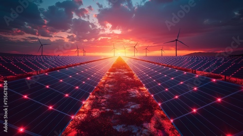 POWERPLANT with photovoltaic panels and an electro-mechanical turbine under blue sky in the evening. Clean energy, sustainable, Eco, Earth Day, green energy, love nature, eco energy concept. photo