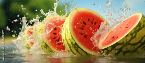 Watermelon slices with splashes of water on a black background