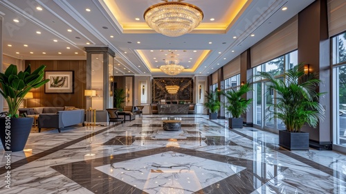 A luxurious hotel lobby with a stunning marble floor