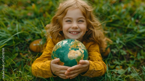 An image featuring a happy girl kid raising earth globe on a lawn planet map portrays sustainable environment, world ecosystem, CSR with people, and ESG ecologically friendly and go green concepts.