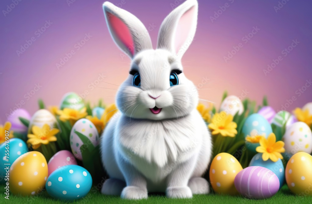 Fototapeta premium Cute Easter bunny with colorful eggs and flowers on green grass against pink background