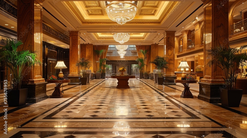 A luxurious room with grand columns and sparkling chandeliers