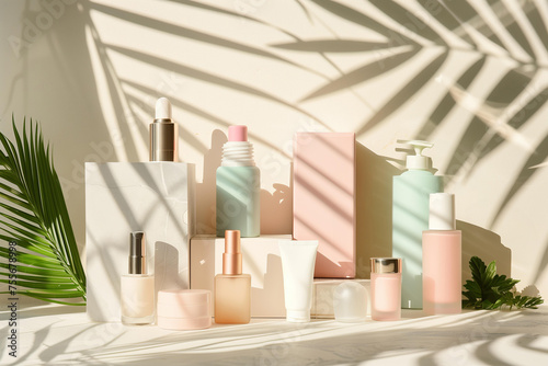  contemporary cosmetics product arrangement set with pastel colors and natural elements