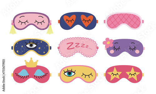 Funny sleep eye masks set. Night accessory for healthy sleeping, travel and recreation. Isolated vector illustrations on white background