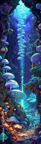 A cave adorned with bioluminescent fungi a living mural of light in the depths of the earth