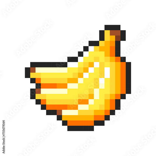 Pixel bananas isolated on white background. Pixelated sticker of banana. Slot machine or video game item. Fruit icon. Vector pixel art illustration in 8 bit old style.
