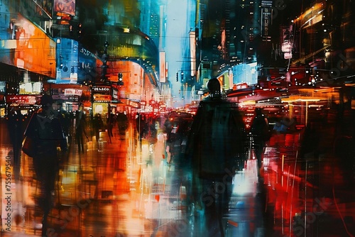 The energy of a bustling city street abstractly depicted as a blur of colors and lights capturing the movement and vitality