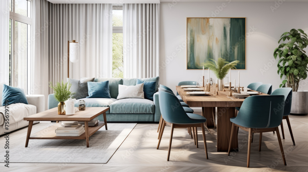 Living room and dining area in modern style. White walls, muted blue and light brown colors