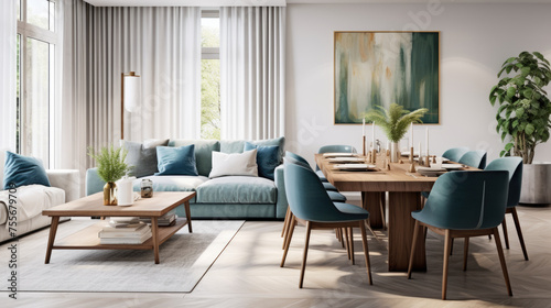Living room and dining area in modern style. White walls  muted blue and light brown colors