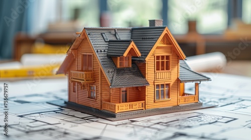A model of a house placed on top of a blueprint. 
