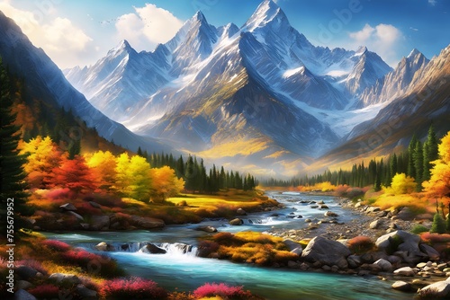 Landscape of Two Mountains and River  JPG 300Dpi 10800x7200 