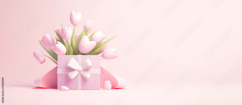 Mother's day with pink tulips and gifts for banner with a copy space