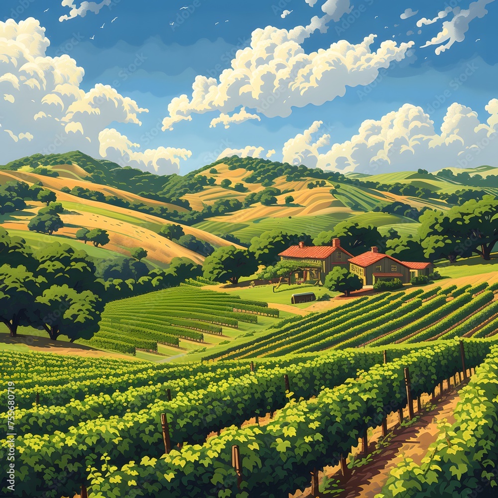Vineyard Background: Rolling hills dotted with grapevines, quaint farmhouses, and scenic vistas of wine country.