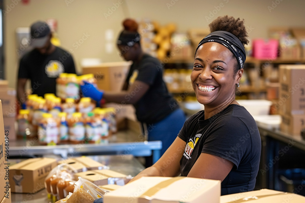 black volunteer and her coworkers packing donations - obrazy, fototapety, plakaty 