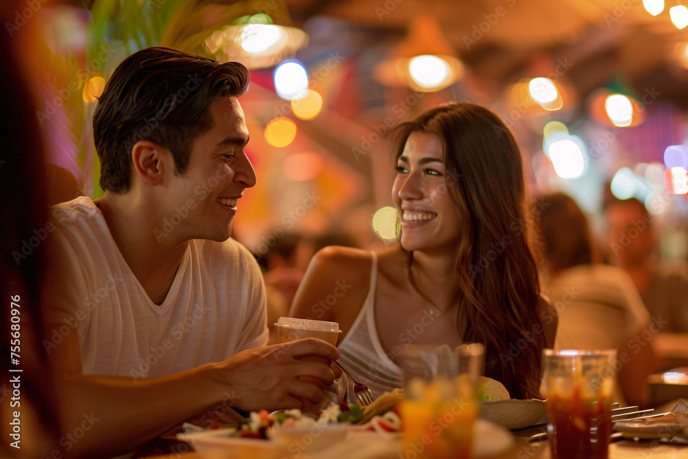 couple sharing taco while eating Mexican restaurant