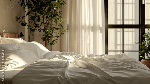 Bed with white clean cotton linens in the room