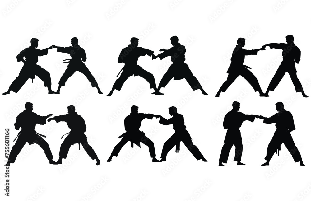 Two men practicing karate silhouette, Two karate men fighters in a match,  
