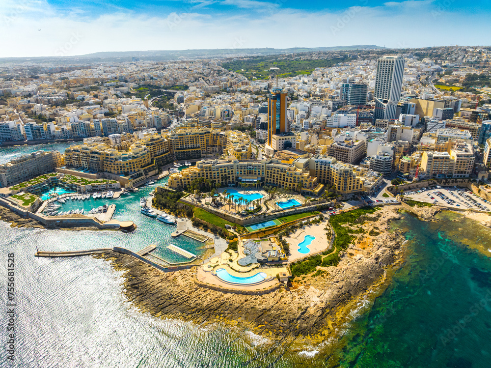 Landscape of f St. Julian's city, high buildings. Day. Maltese island, Mediterranean sea - obrazy, fototapety, plakaty 