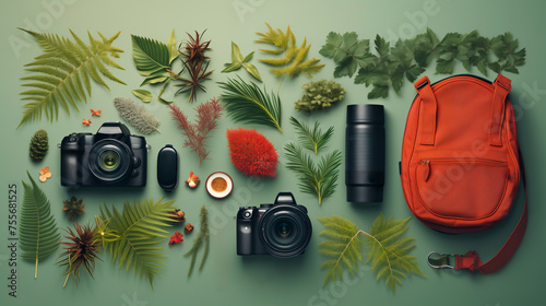 Camera gear and natural elements on green background. Generative AI image