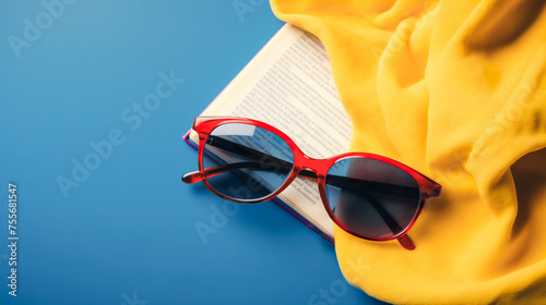 Summer reading concept with sunglasses and a book. Generative AI image photo
