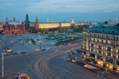 Manezhnaya Square, Historical museum near Kremlin wall in Moscow, Russia at evening