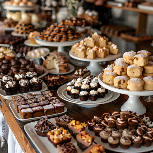 A table displaying a variety of desserts, including cakes and finger foods