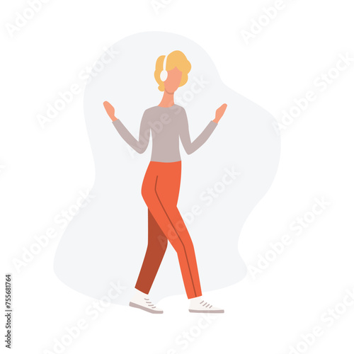 Dancing woman listening music with headphones. Flat illustrations