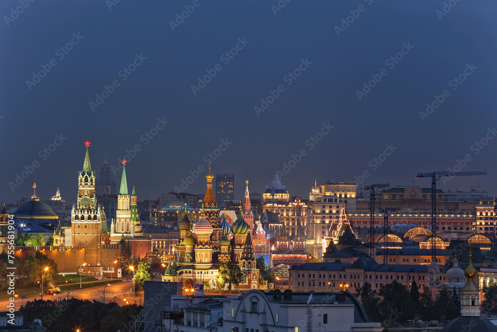Kremlin, Spassky Towe, Vasilevsky descent and St Basil Cathedral in Moscow, Russia at night