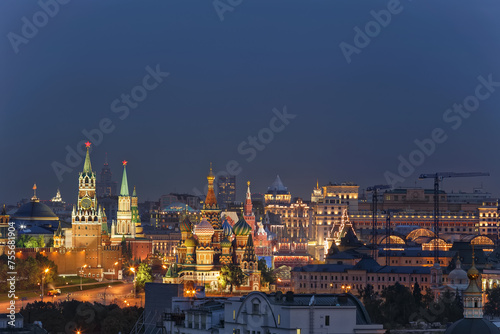 Kremlin, Spassky Towe, Vasilevsky descent and St Basil Cathedral in Moscow, Russia at night