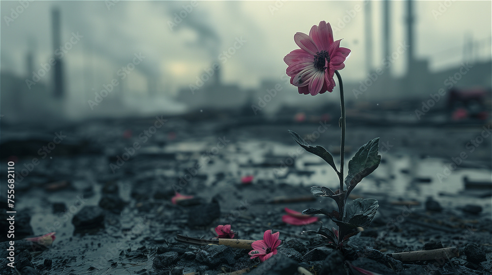 Flowers dying from air pollution in pollution from industrial background - obrazy, fototapety, plakaty 