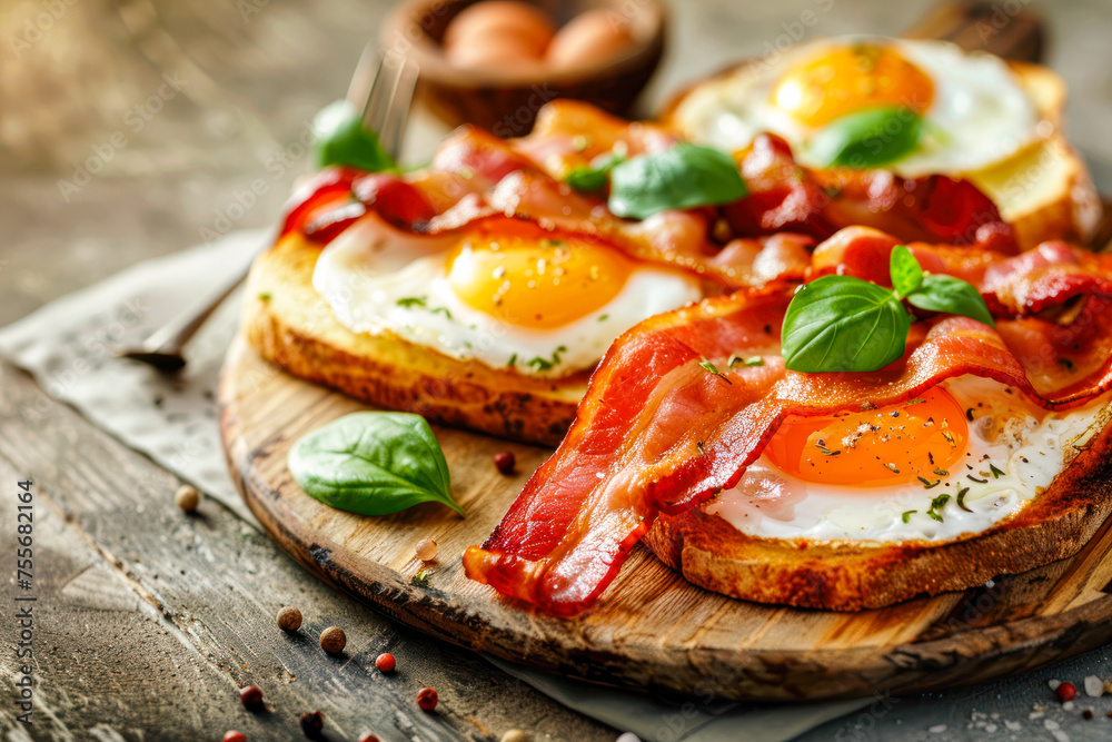 Freshly Fried Crispy Bacon and Eggs in a frying Pan on wooden rustic table with ingredients and lights of a sun. Delicious breakfast. Restaurant menu, recipe, Side view