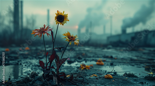 Flowers dying from air pollution in pollution from industrial background