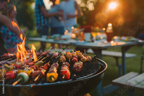 Barbecue party with people in the background, grilled steak, grilled meat and vegetables, summer party, barbecue in the garden, people having fun, family and friends, bbq