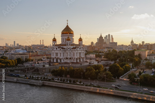 Christ Savior Cathedral and quay in summer evening in Moscow, Russia